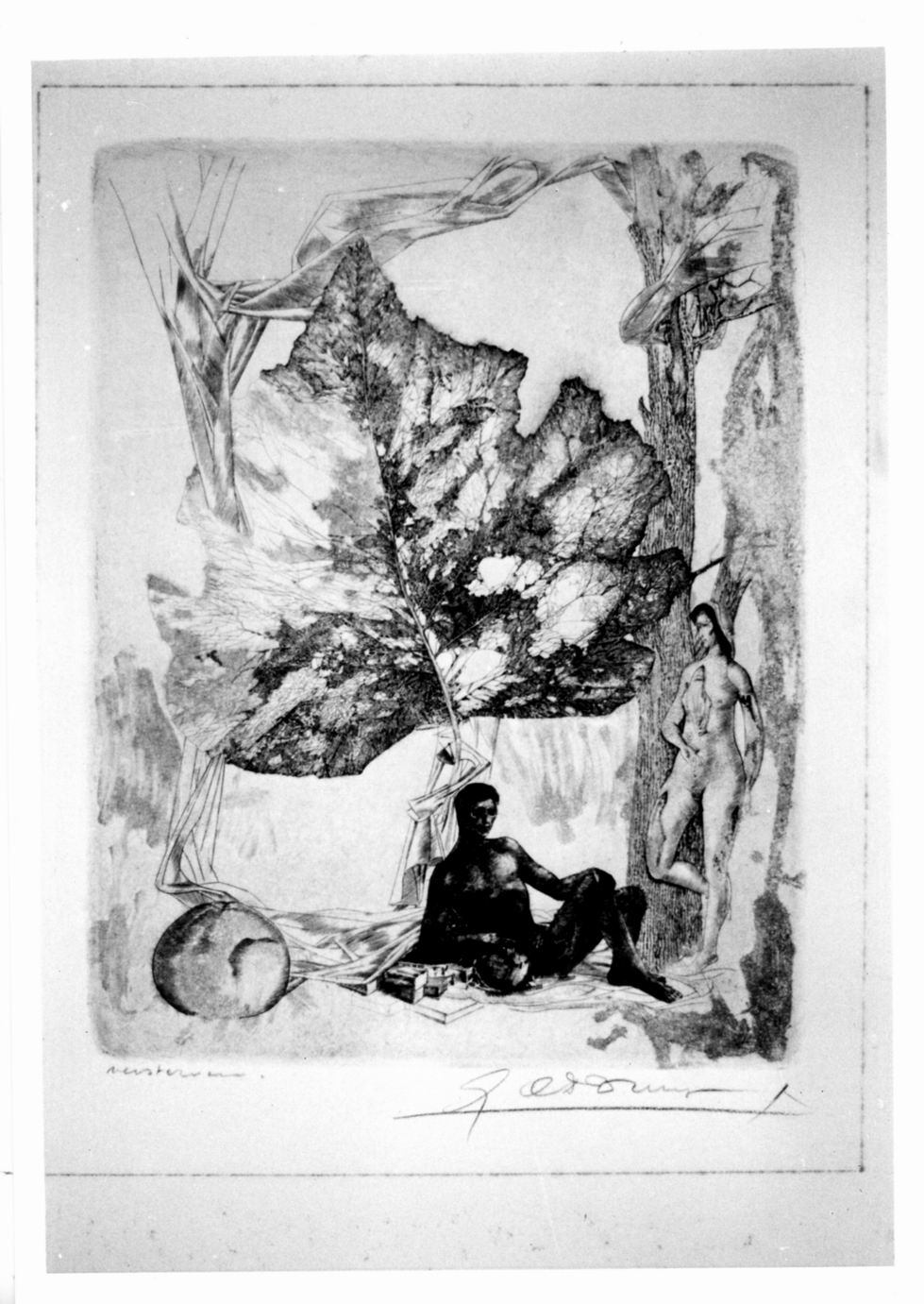 Composizione con figura, mela, alberi e grande foglia (stampa) di De Bruyne Gustaaf (sec. XX)