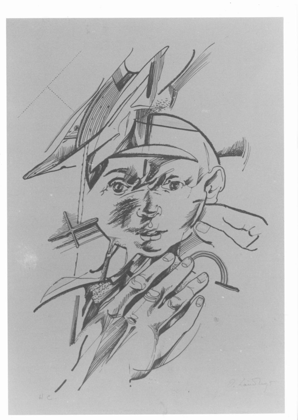 Pour bien plutard, Testa di giovane e mani (stampa colorata a mano) di Landuyt Octave (sec. XX)