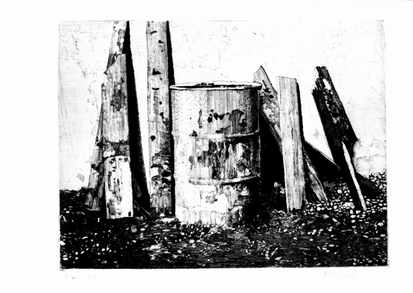 Ton en balken, Bidone e travi appoggiate al muro (stampa) di Wittevrongel Roger (sec. XX)