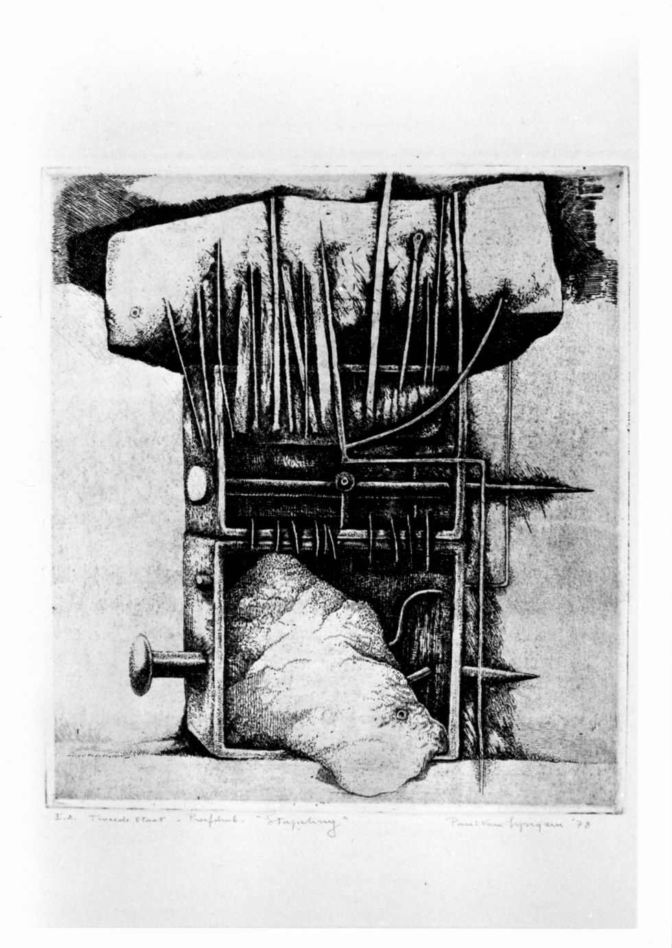 Pezzo di carne inserito in macchina con funi metalliche (stampa a colori) di Van Gysegem Paul (sec. XX)