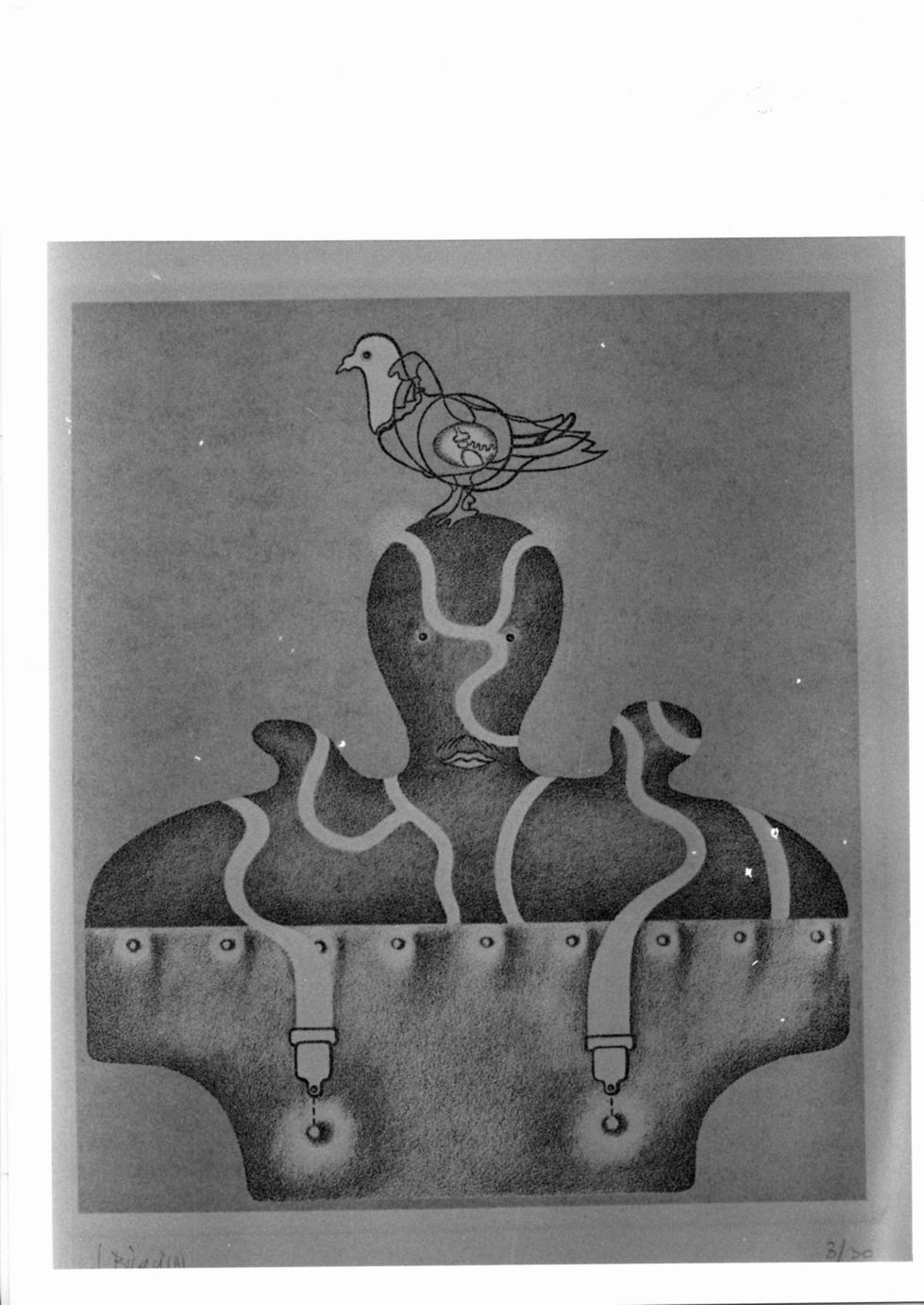 Duifje, Composizione con manichino, piccioni, uovo (stampa a colori) di Bilquin Jean (sec. XX)