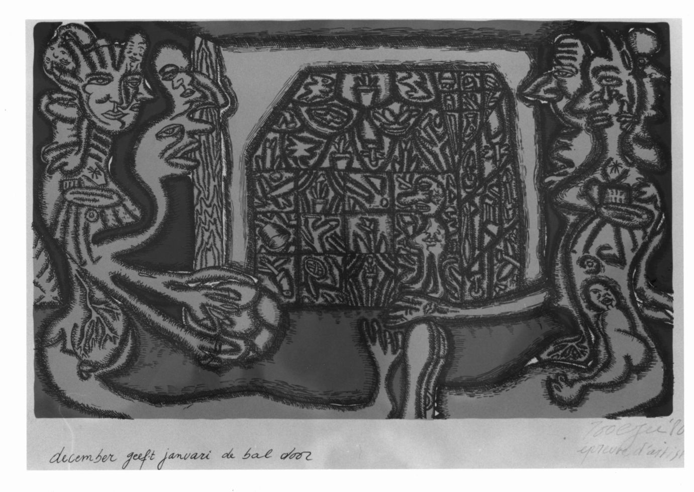 Figure con pallone e finestra al centro (stampa a colori) di Roobjee Pjeroo (sec. XX)