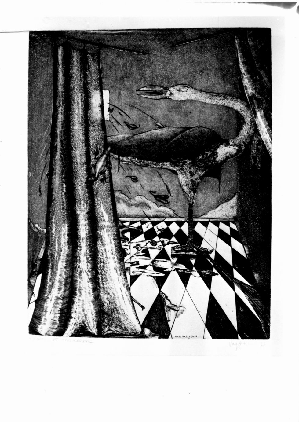 Composizione con struzzo, tende, pavimento a scacchiera (stampa) di Van Akeleyen Roger (sec. XX)