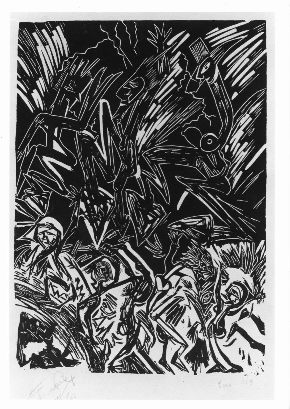 Gruppo di figure e tracce di esplosioni nel cielo (stampa) di Cane Franky (sec. XX)