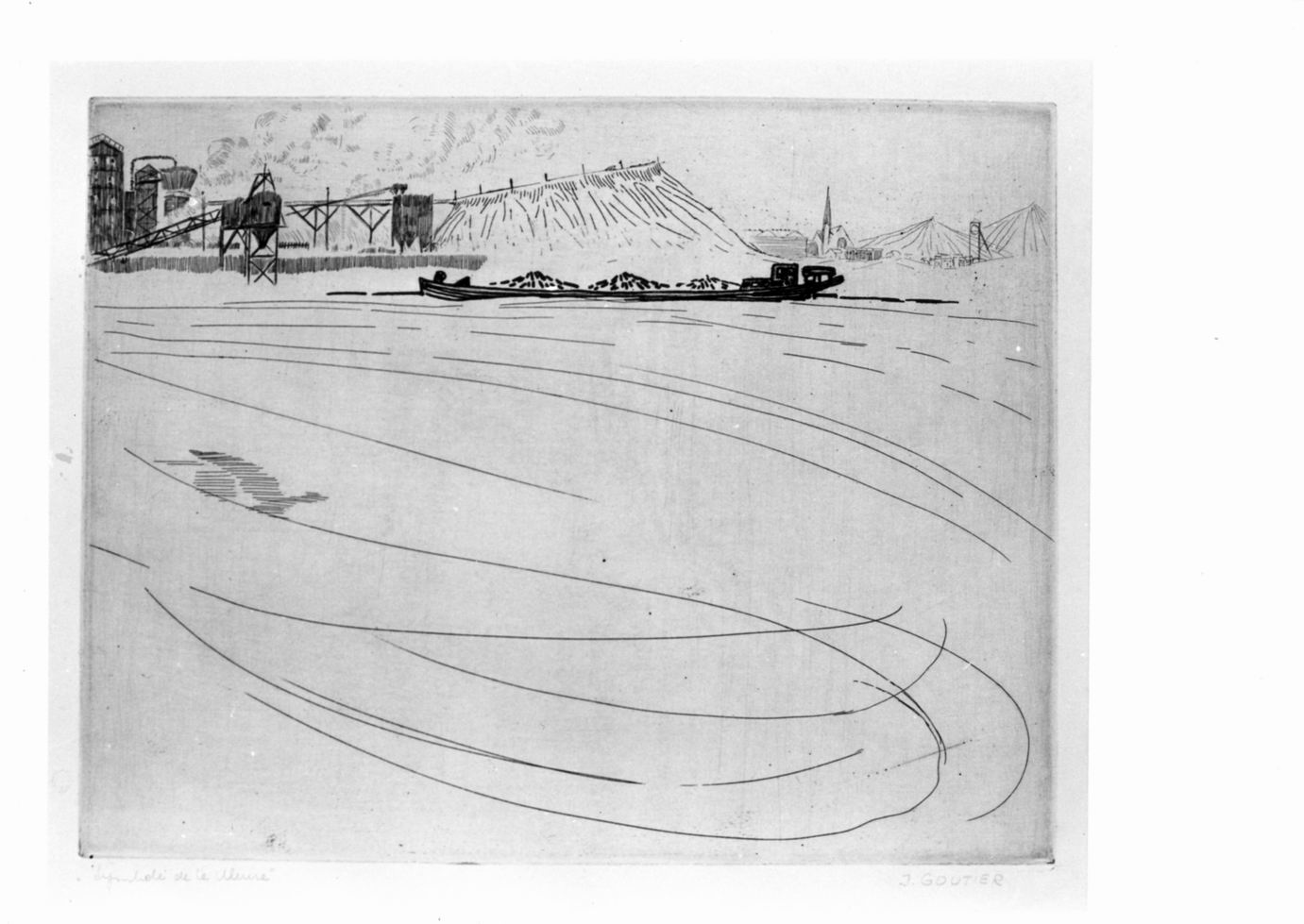 Paesaggio fluviale con chiatta, fabbriche e paese sullo sfondo (stampa) di Goutier Johanna (sec. XX)