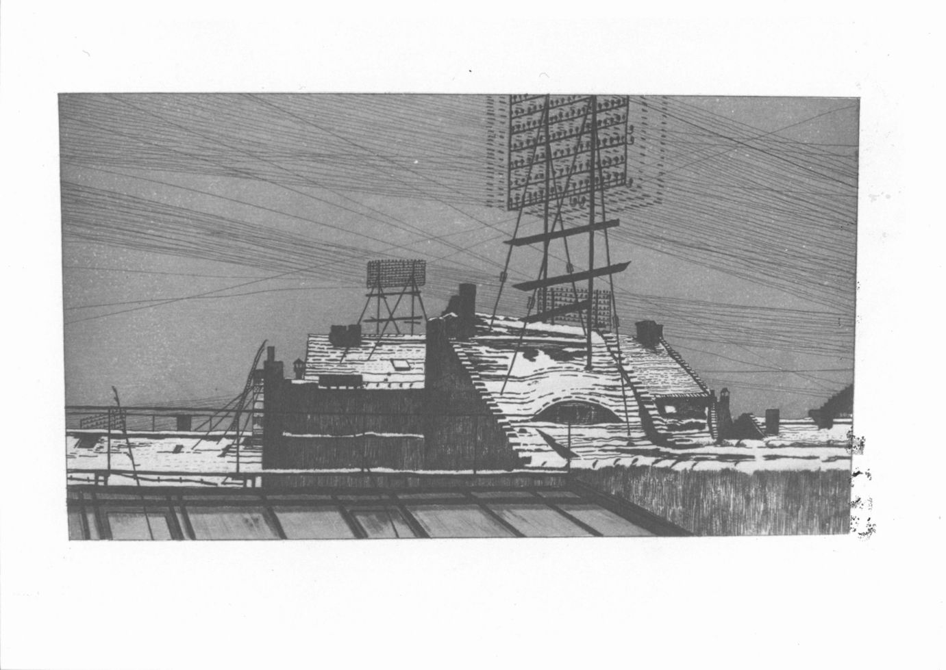 Tetti innevati e antenna telefonica (stampa) di Müller Richard (sec. XIX)