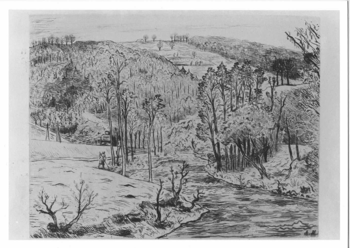 Udeli Svitavy na Jarè, Paesaggio collinare con fiume, treno, figure (stampa) di Majer Antonin (secondo quarto sec. XX)