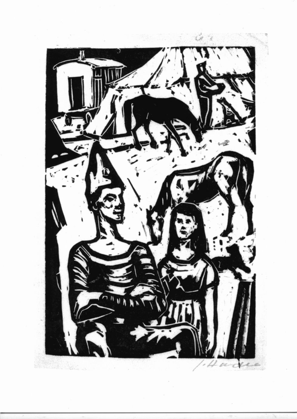 Saltimbanchi con cavalli e carro (stampa) di Hudec Jan (sec. XX)