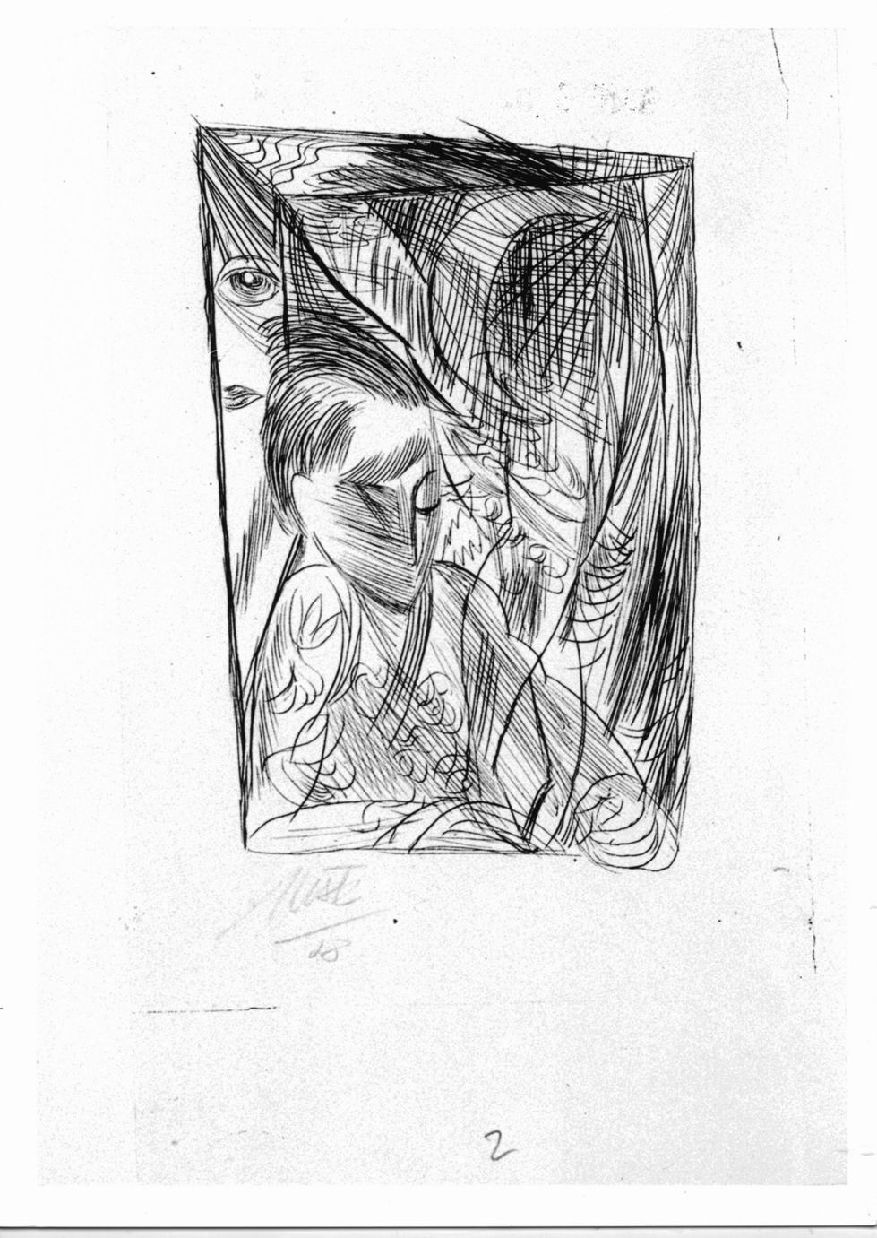 Figura maschile seduta con libro (stampa) di Masek Vaclav (sec. XX)