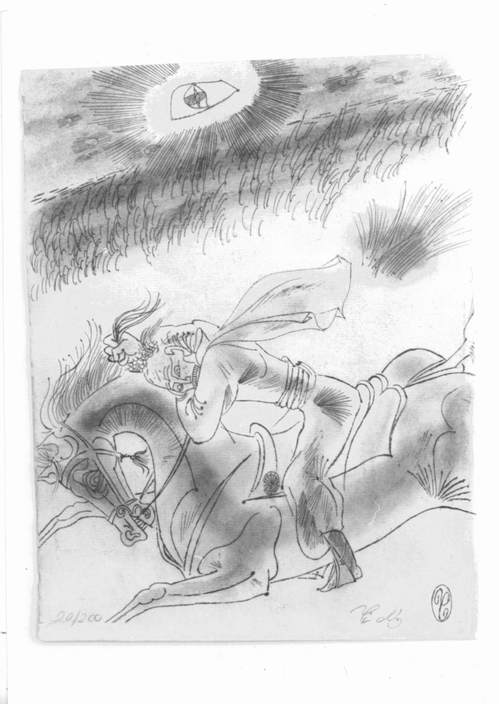 Cavaliere su cavallo in corsa (stampa colorata a mano) di Tichy Frantisek (sec. XX)