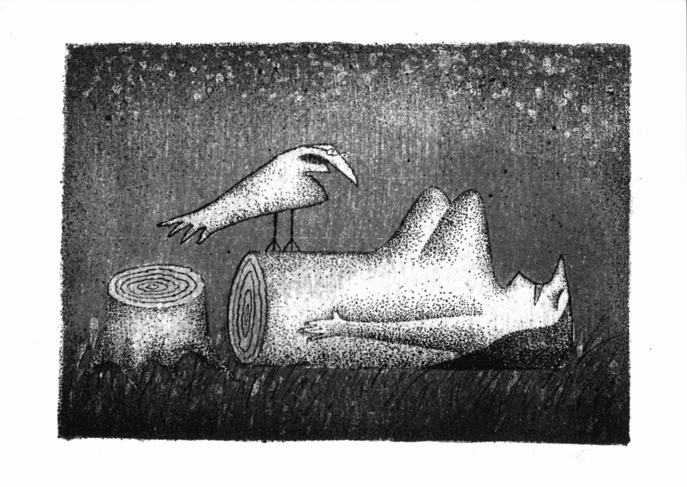 Casanova, Tronco d'albero in forma di busto femminile e uccello con occhiali (stampa a colori) di Born Josef (sec. XX)