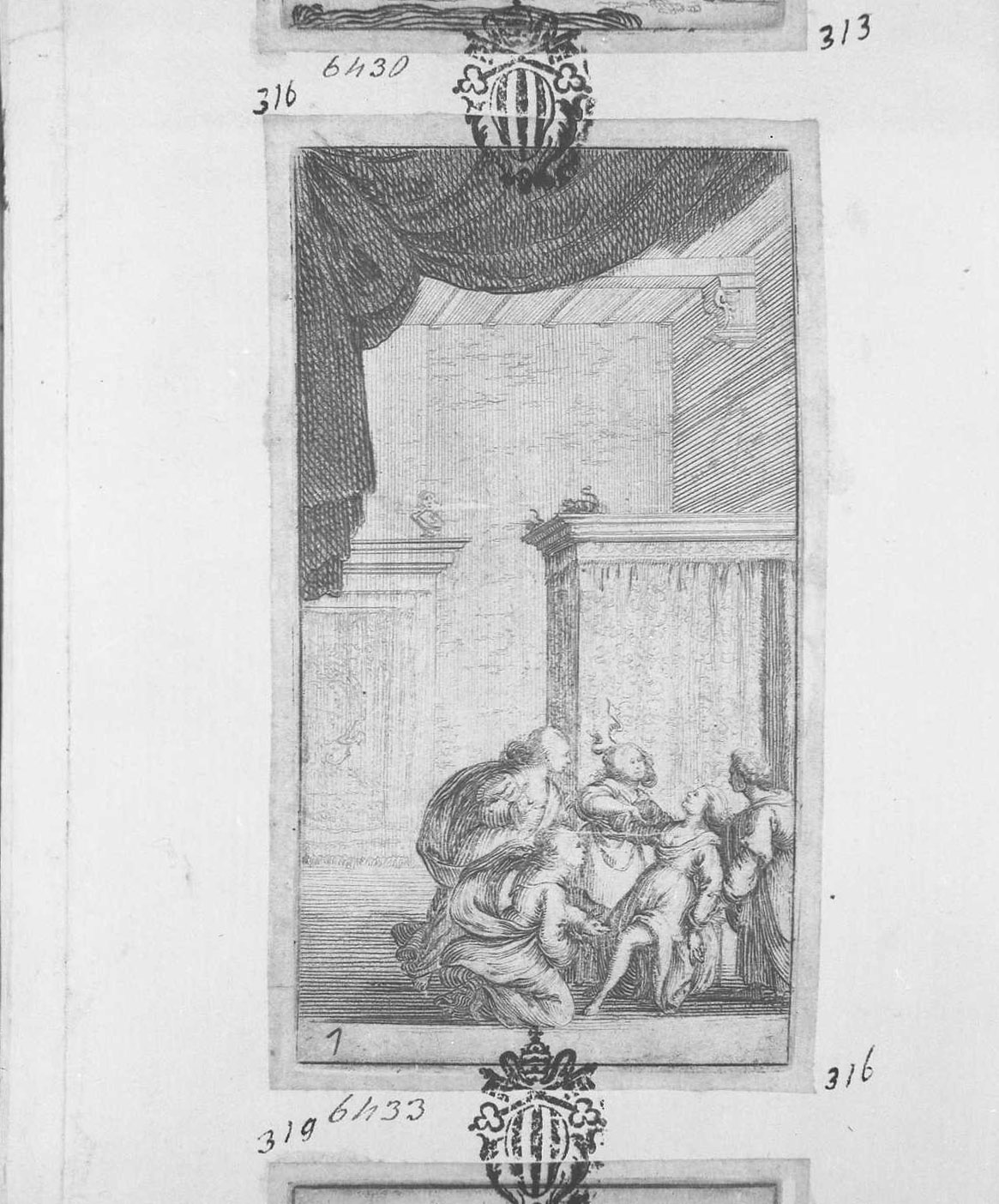 Minerva moglie di Lambertaccio partorisce un maiale, figure (stampa tagliata) di Bazzicaluva Ercole (sec. XVII)