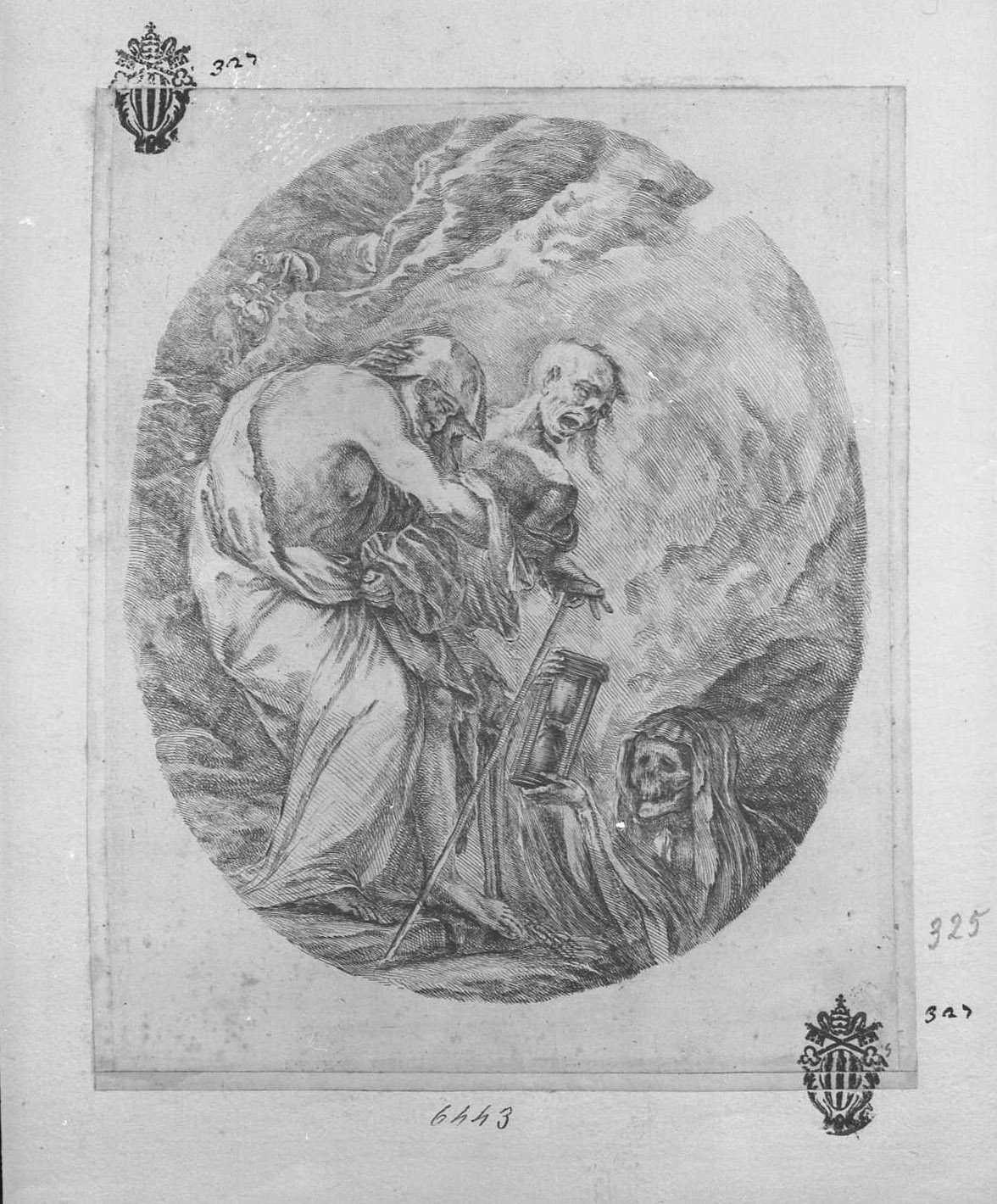 La Morte trascina un vecchio nella tomba, figure (stampa tagliata) di Della Bella Stefano (sec. XVII)