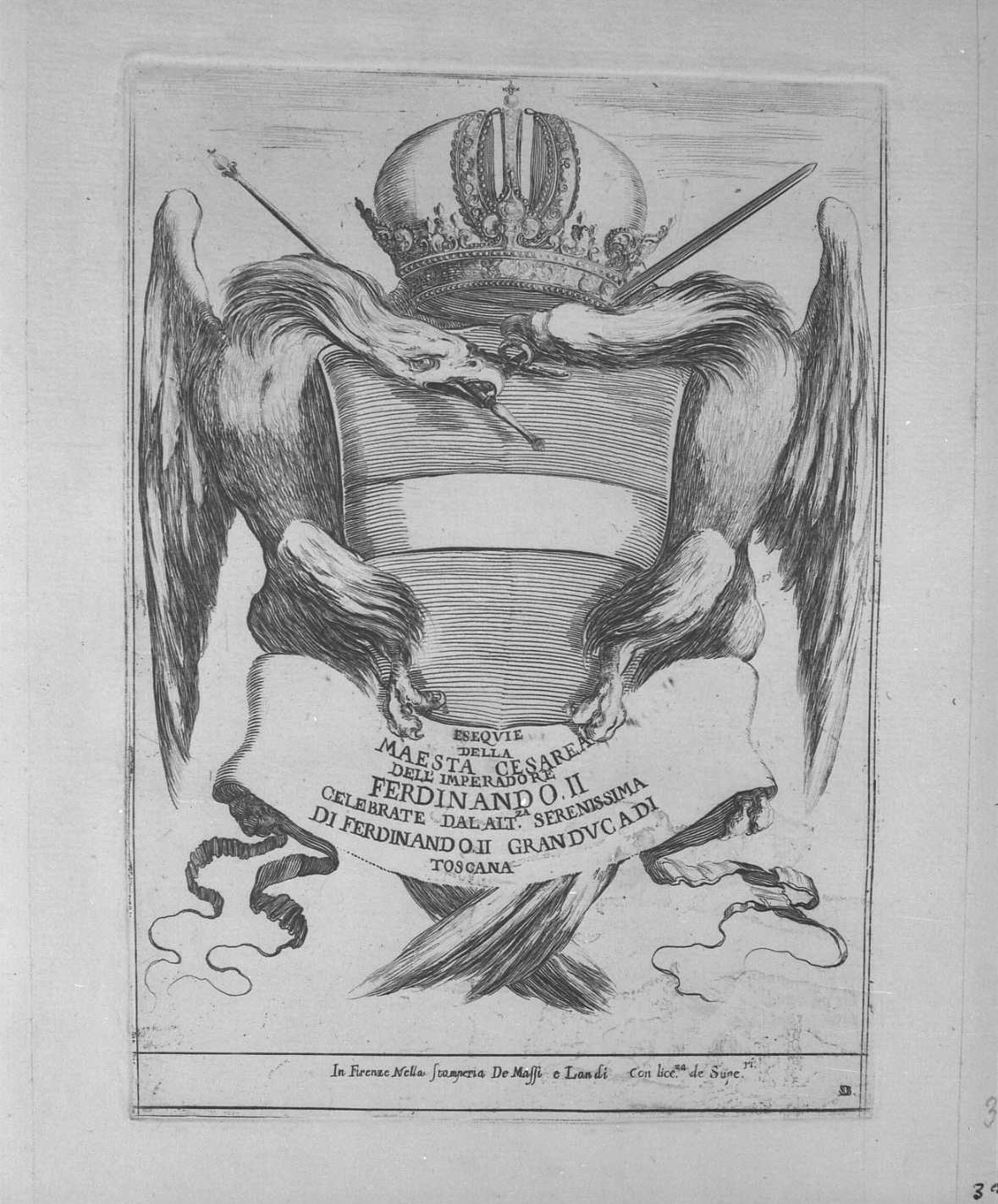 Esequie dell'imperatore Ferdinando II: frontespizio, libri (stampa tagliata) di Della Bella Stefano (sec. XVII)