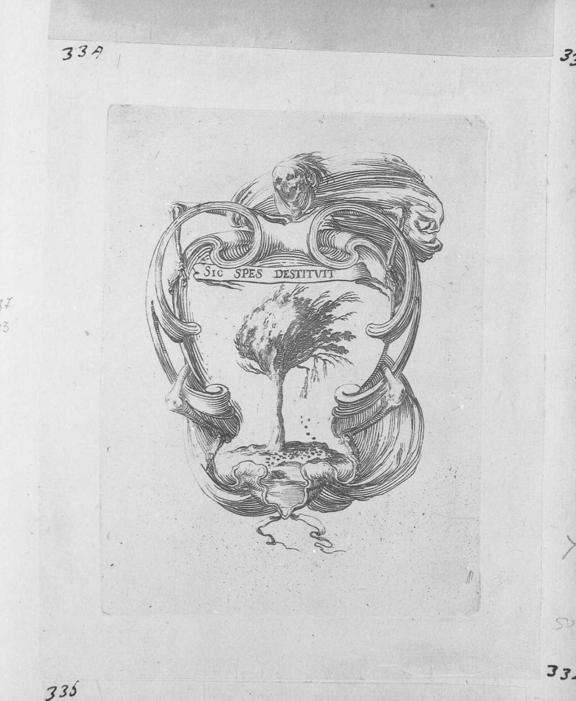 Otto emblemi per i funerali di Francesco de Medici: albero scosso dal vento, albero (stampa tagliata) di Della Bella Stefano (sec. XVII)