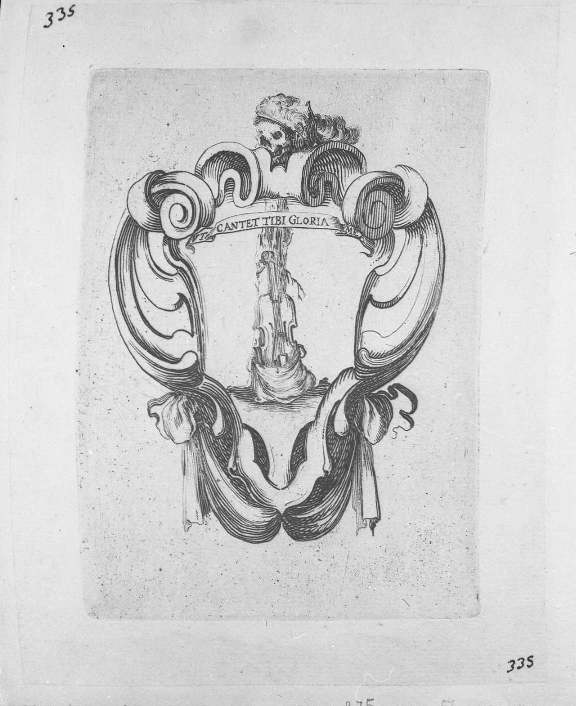 Otto emblemi per i funerali di Francesco de Medici: violoncello in parte rinchiuso nella custodia, strumenti (stampa tagliata) di Della Bella Stefano (sec. XVII)