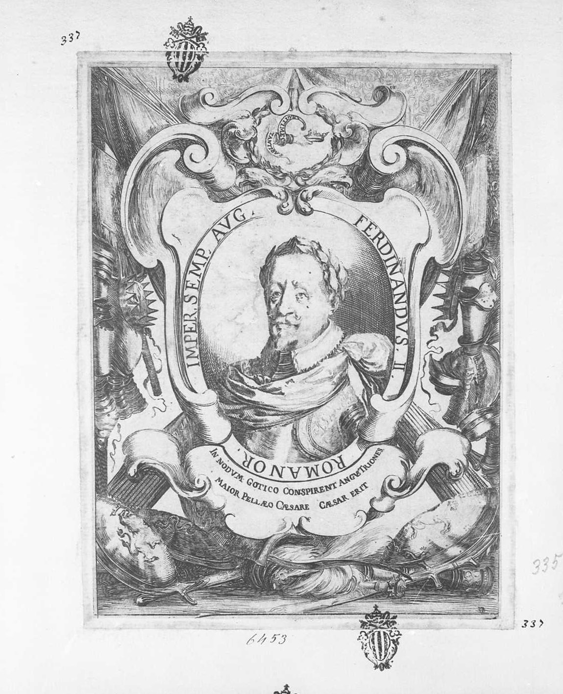 Ritratto dellimperatore Ferdinando II, figure (stampa tagliata) di Della Bella Stefano (sec. XVII)