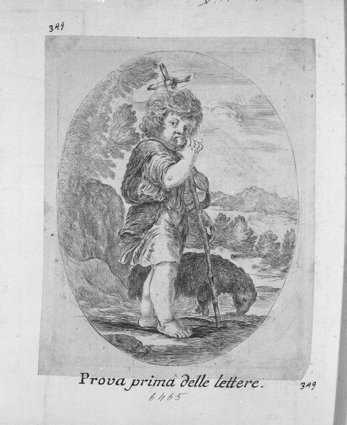 San Giovannino morde un frutto, santi (stampa tagliata) di Della Bella Stefano (sec. XVII)