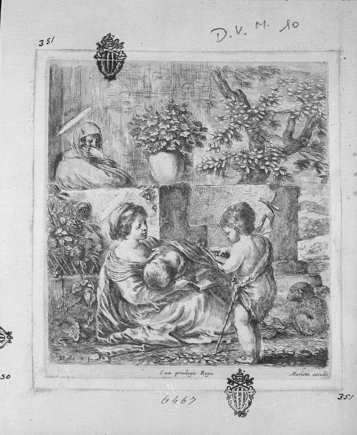 La Vergine, il Bambino e i Santi Giovanni Battista e Elisabetta, Madonna col Bambino e Santi (stampa tagliata) di Della Bella Stefano (sec. XVII)