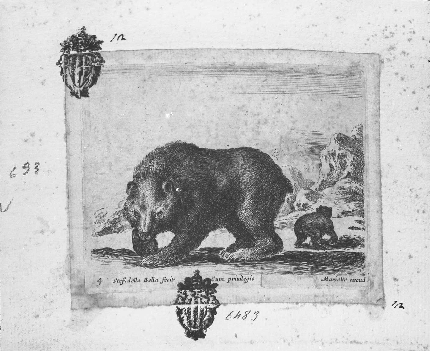 Animali e soggetti di caccia: orso volto a sinistra, animali (stampa tagliata) di Della Bella Stefano (sec. XVII)