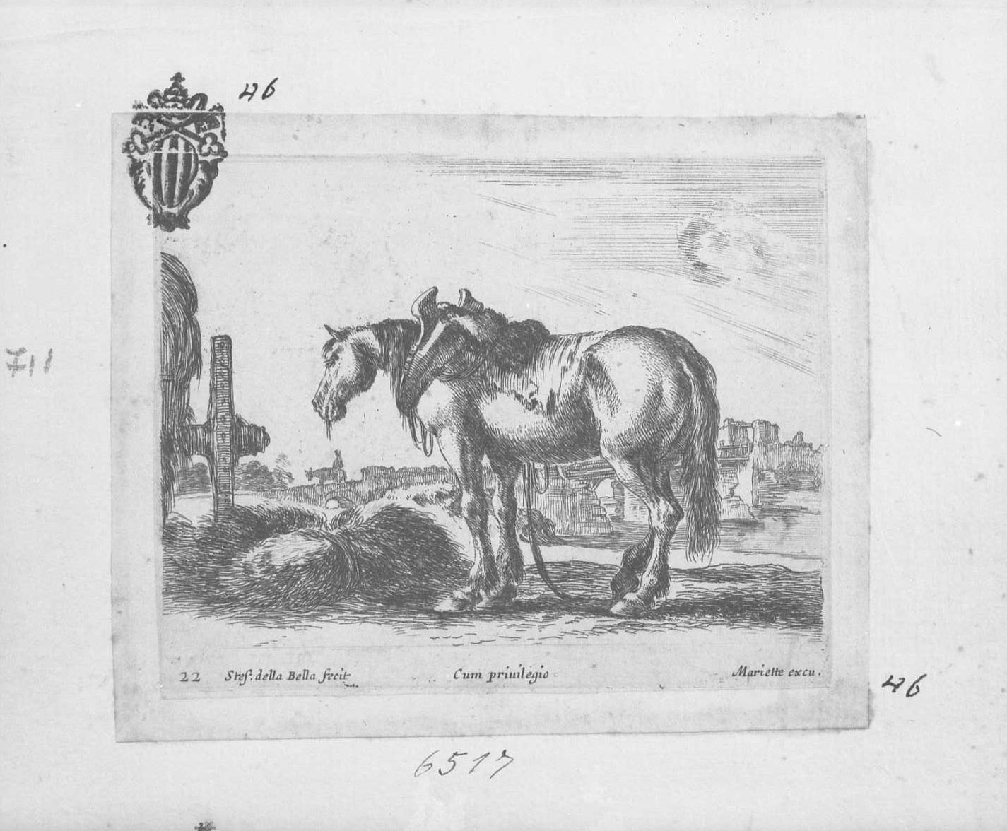 Animali e soggetti di caccia: cavallo da tiro volto a sinistra, animali (stampa tagliata) di Della Bella Stefano (sec. XVII)