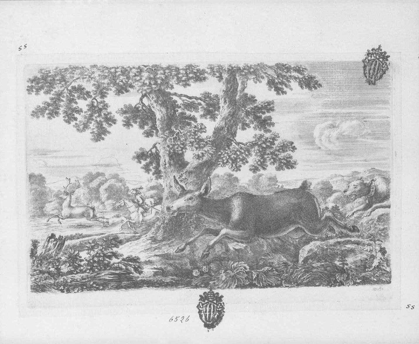 Cacce a diversi animali: daino che fugge verso sinistra, animali (stampa tagliata) di Della Bella Stefano (sec. XVII)