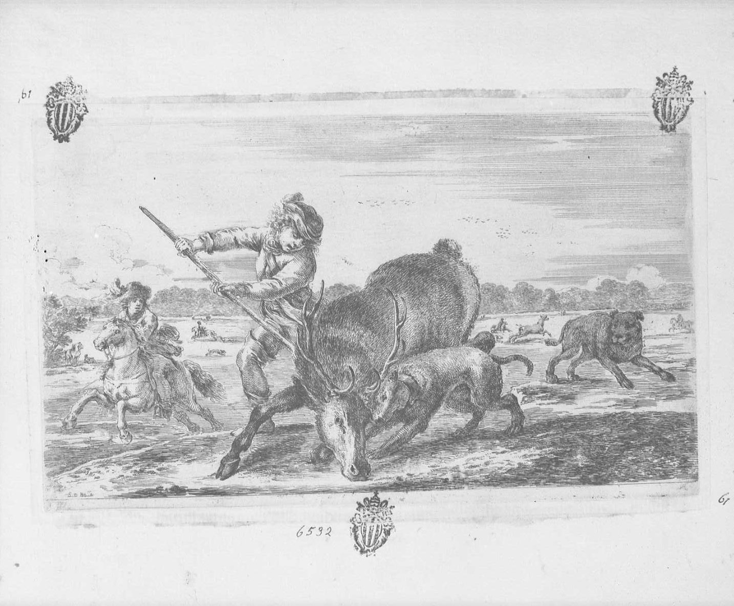 Cacce a diversi animali: cervo nell'atto di essere abbattuto, animali (stampa tagliata) di Della Bella Stefano (sec. XVII)