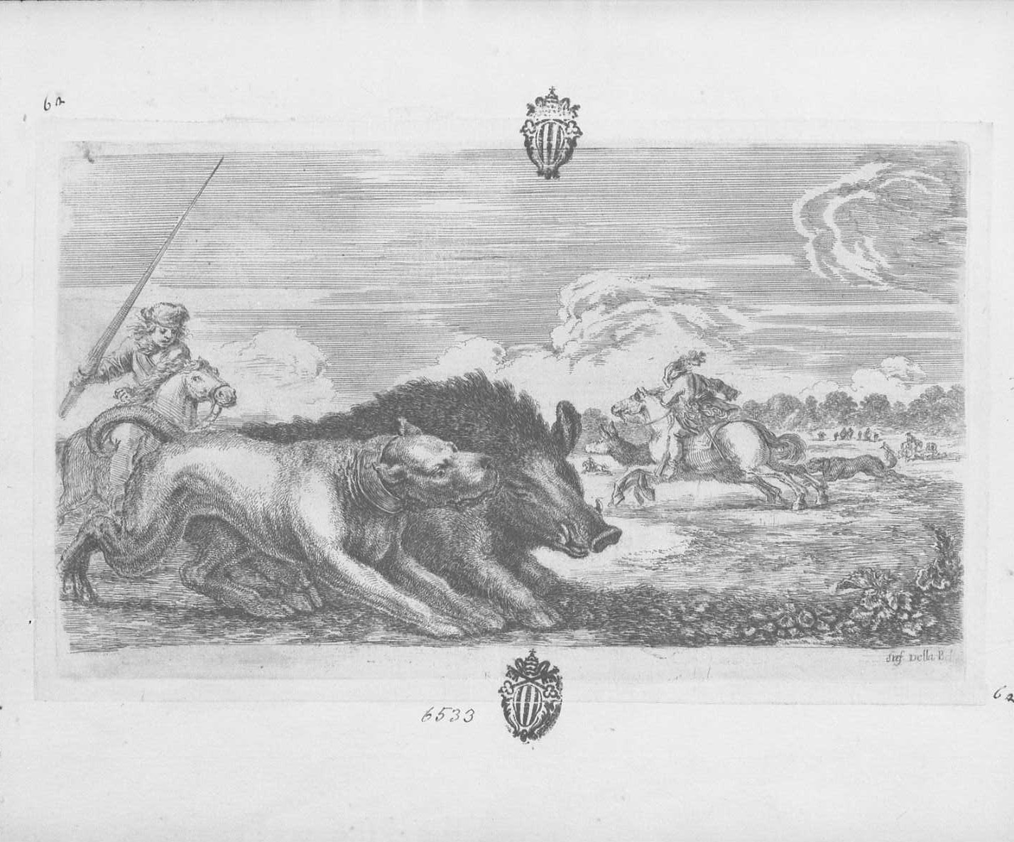 Cacce a diversi animali: cinghiale volto a destra affiancato da un cane, animali (stampa tagliata) di Della Bella Stefano (sec. XVII)