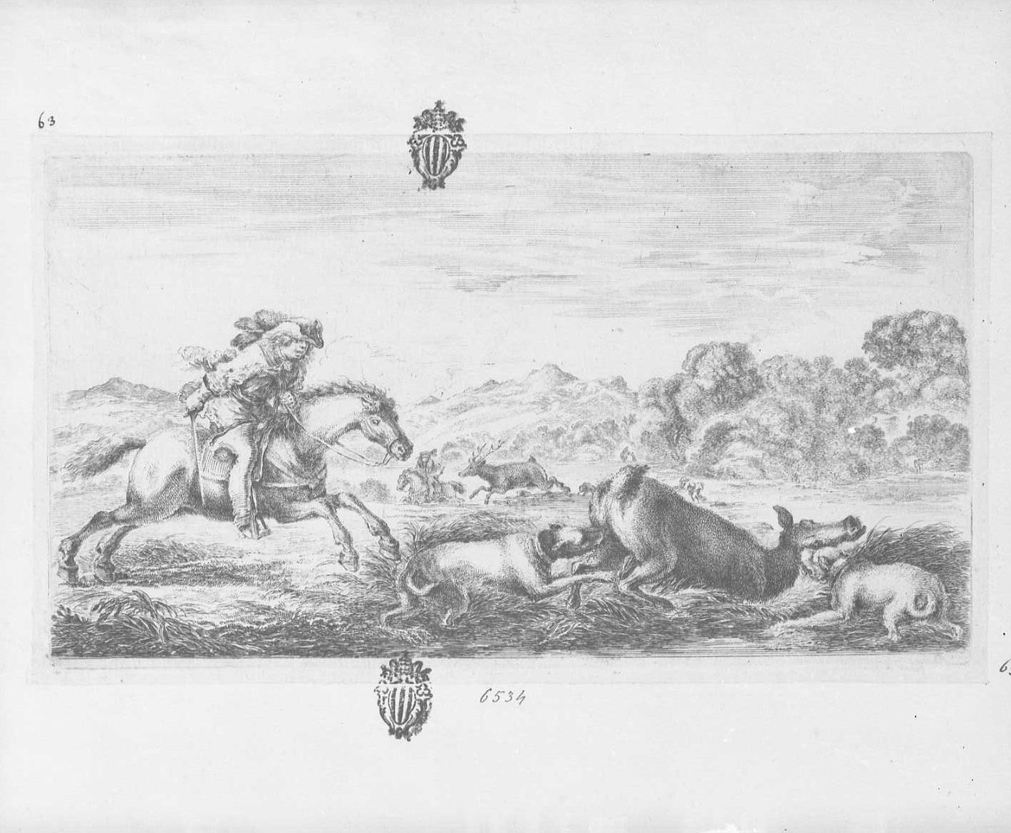 Cacce a diversi animali: daino inseguito da cavaliere con due cani, animali (stampa tagliata) di Della Bella Stefano (sec. XVII)