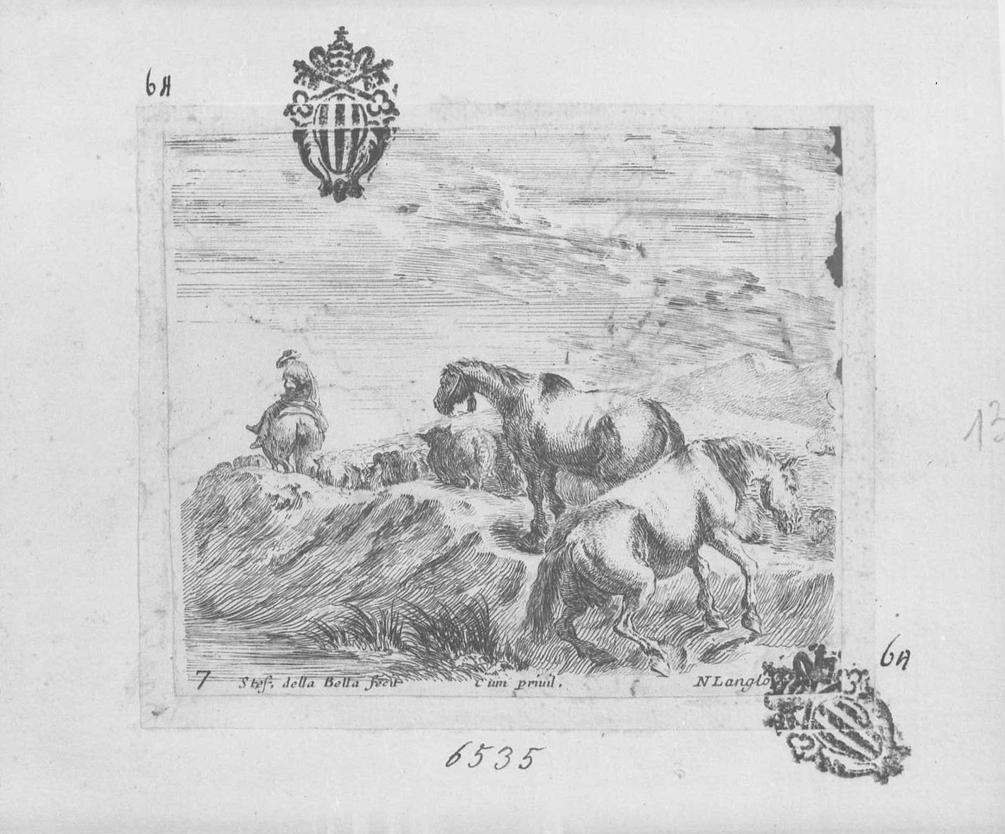 Diversi capricci: due cavalli che attraversano un ruscello, animali (stampa tagliata) di Della Bella Stefano (sec. XVII)