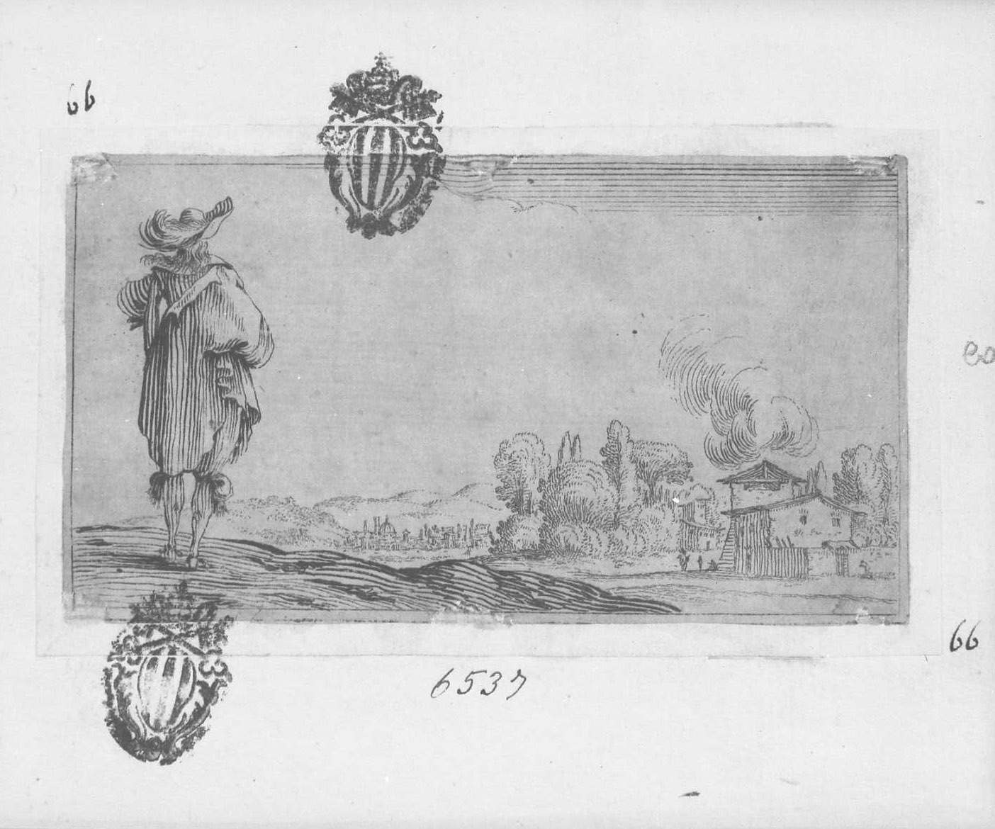 Gentiluomo che osserva un paesaggio, figura maschile (stampa tagliata) - ambito italiano (sec. XVII)