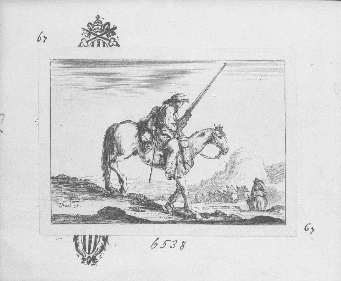 Uomo a cavallo con fucile ed altri sullo sfondo, figura maschile (stampa tagliata) di Goyrand Claude (sec. XVII)