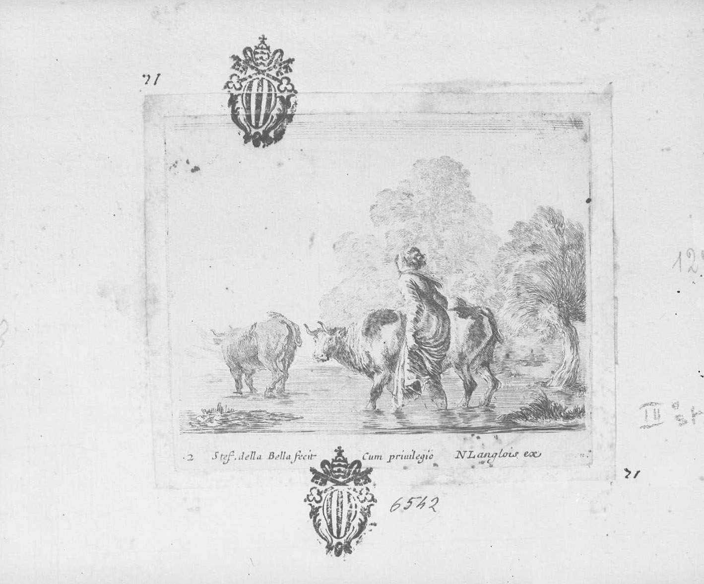 Diversi capricci: contadino che guarda un torrente, figura maschile (stampa tagliata) di Della Bella Stefano (sec. XVII)