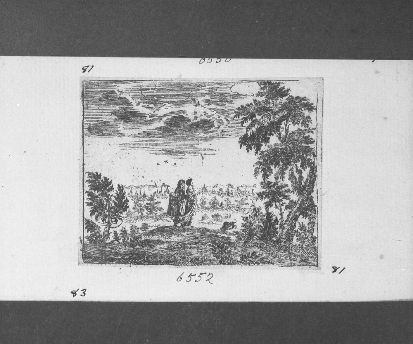Dama e gentiluomo in un paesaggio, figure (stampa tagliata) - ambito italiano (sec. XVII)