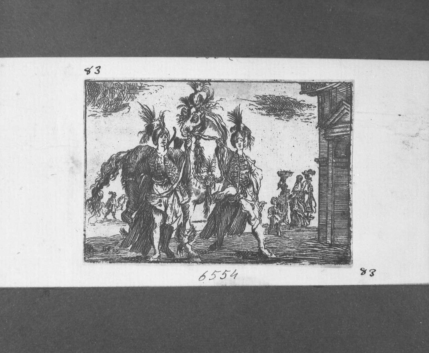 Due uomini vestiti all'orientale con cavallo, figure (stampa tagliata) - ambito italiano (sec. XVII)