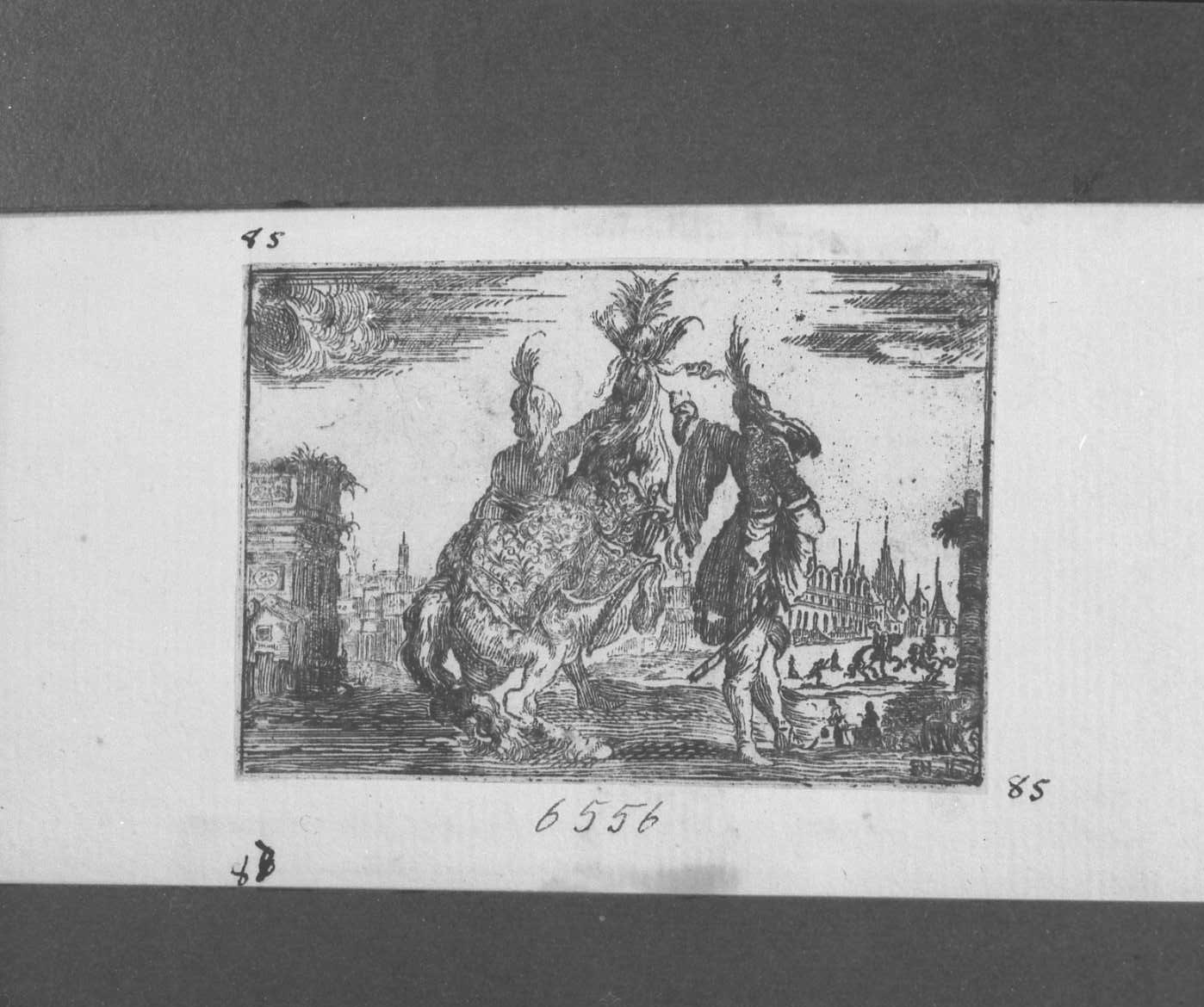Cavallo con ricchi ornamenti e due uomini, figure (stampa tagliata) - ambito italiano (sec. XVII)