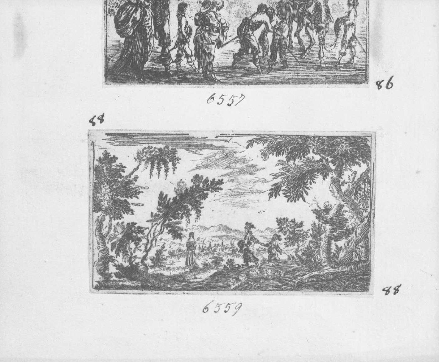 Tre piccole figure in un paesaggio, figure (stampa tagliata) - ambito italiano (sec. XVII)