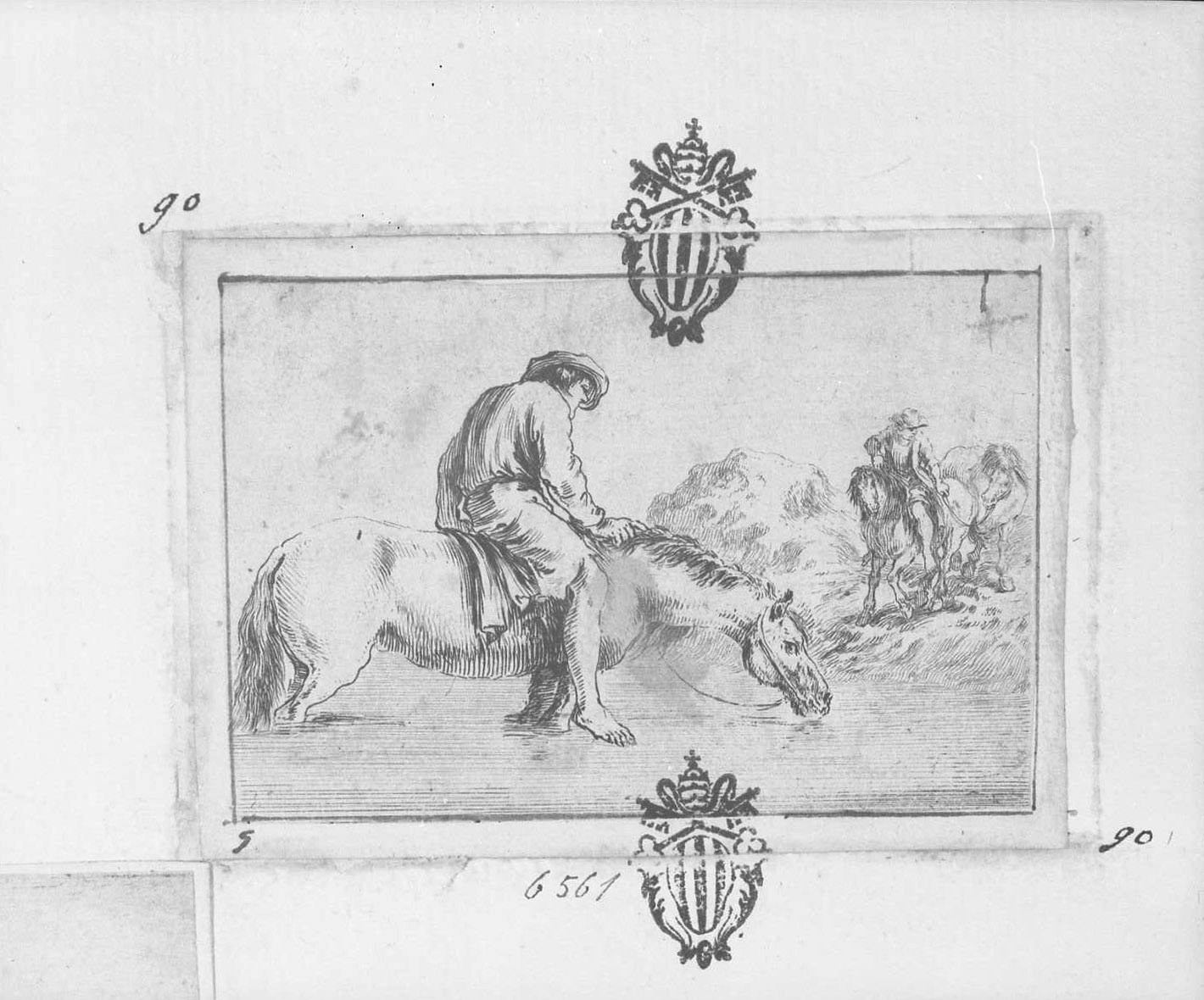 Contadino a cavallo che attraversa un fiume, figure (stampa tagliata) di Della Bella Stefano (sec. XVII)