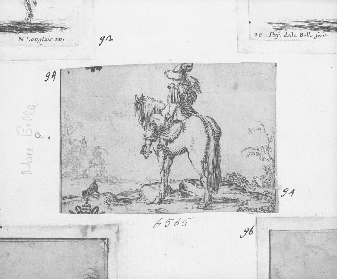 Cavaliere visto di schiena in un paesaggio, figura maschile (stampa tagliata) di Della Bella Stefano (sec. XVII)