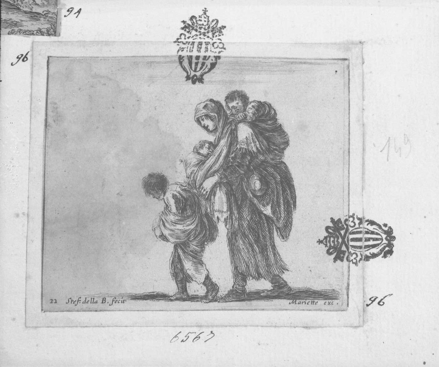 Mendicante con figli, figure (stampa tagliata) di Della Bella Stefano (sec. XVII)