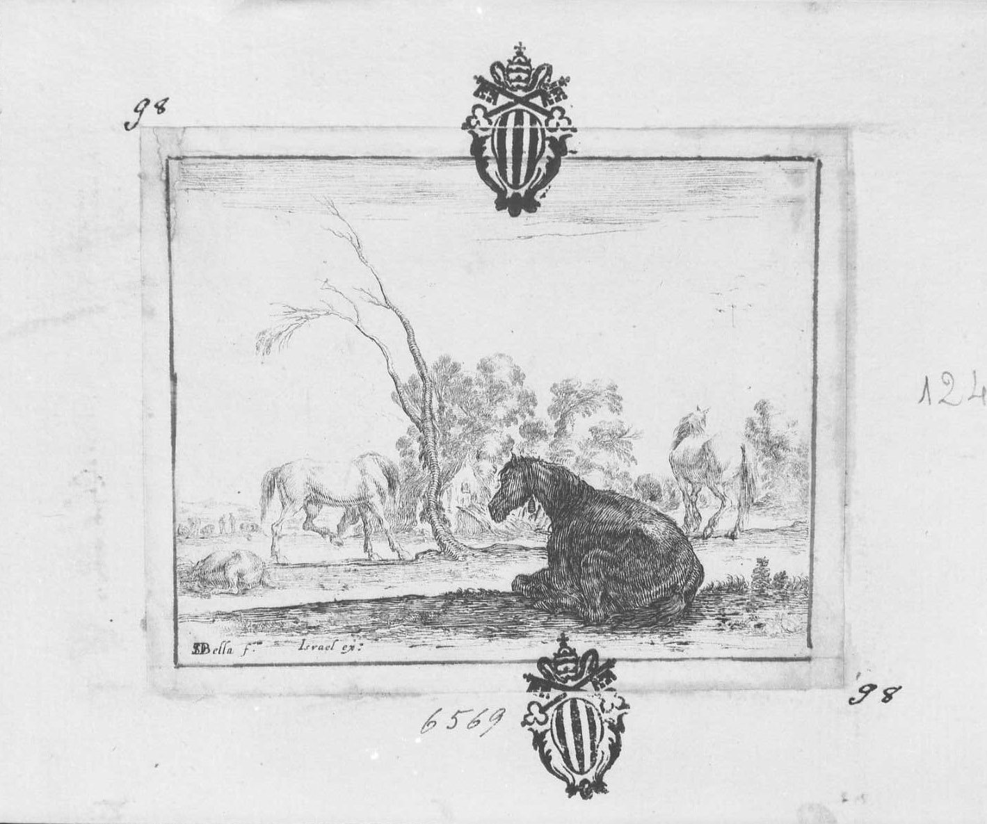 Cavalli in pastura, animali (stampa tagliata) di Della Bella Stefano (sec. XVII)