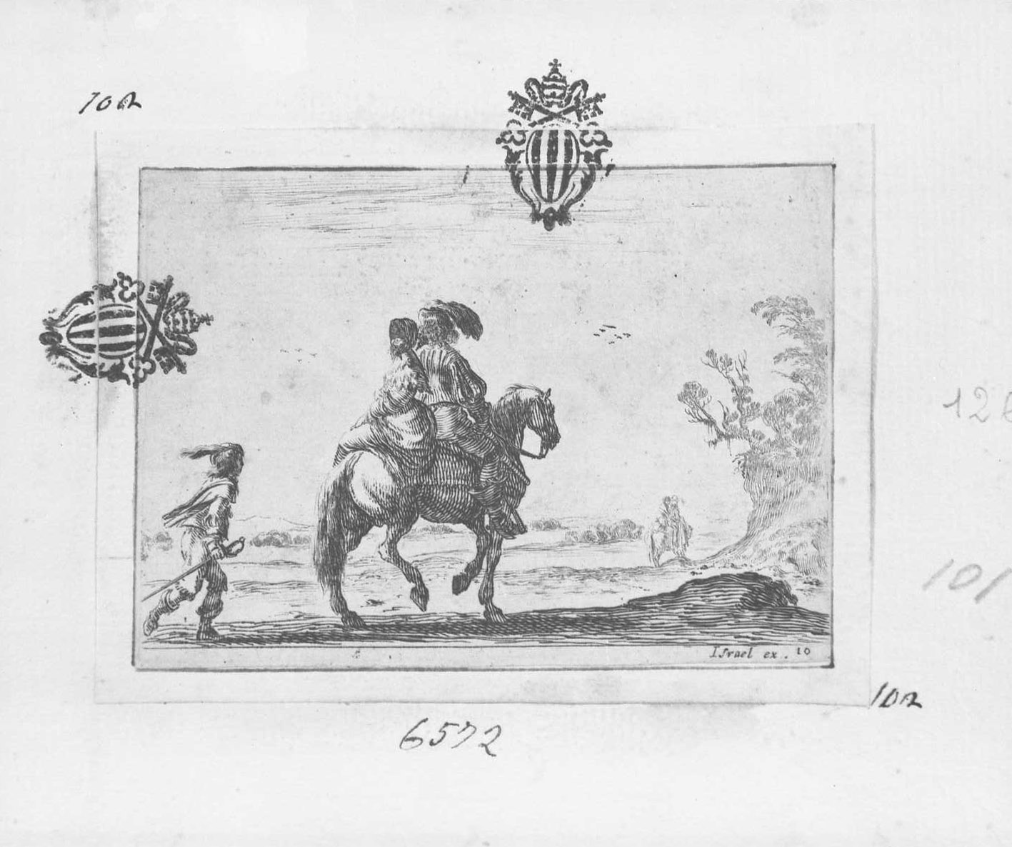 Cavaliere con donna in groppa, figure (stampa tagliata) di Della Bella Stefano (sec. XVII)