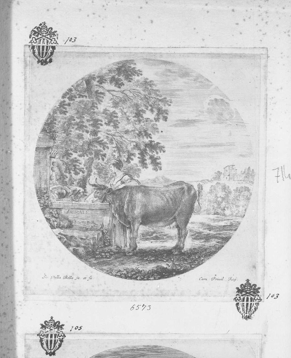 Sei soggetti di animali: frontespizio, mucca e pastore si abbeverano alla fontana, figure (stampa tagliata) di Della Bella Stefano (sec. XVII)