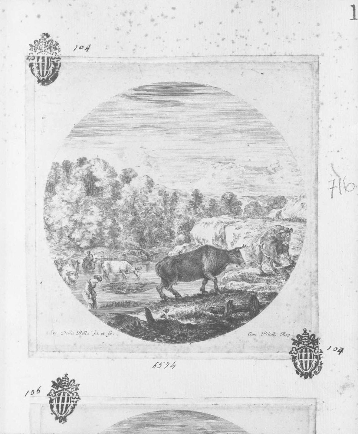 Sei soggetti di animali: vacche e contadini guardano il fiume, figure (stampa tagliata) di Della Bella Stefano (sec. XVII)