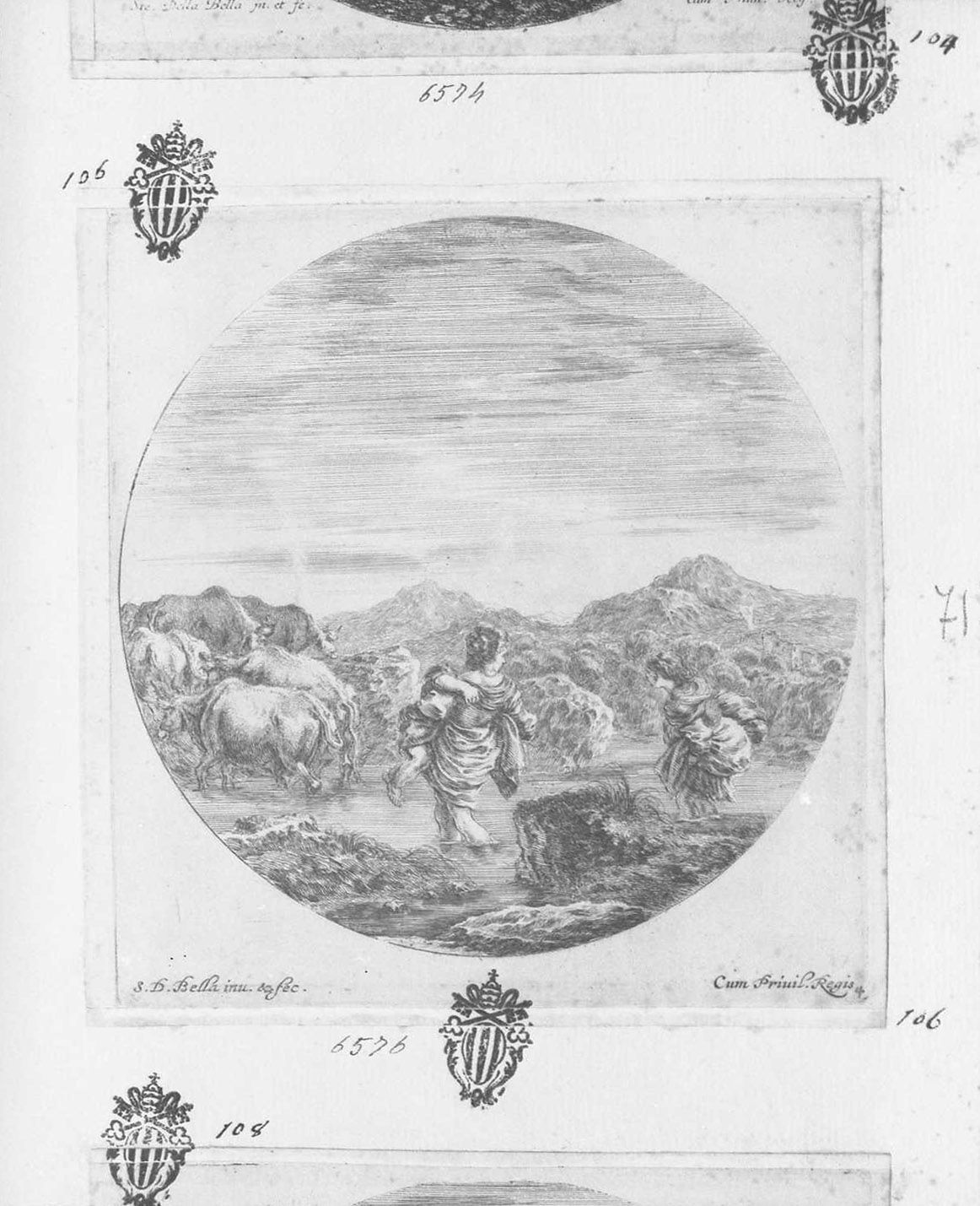 Sei soggetti di animali: due donne guardano il fiume, figure (stampa tagliata) di Della Bella Stefano (sec. XVII)