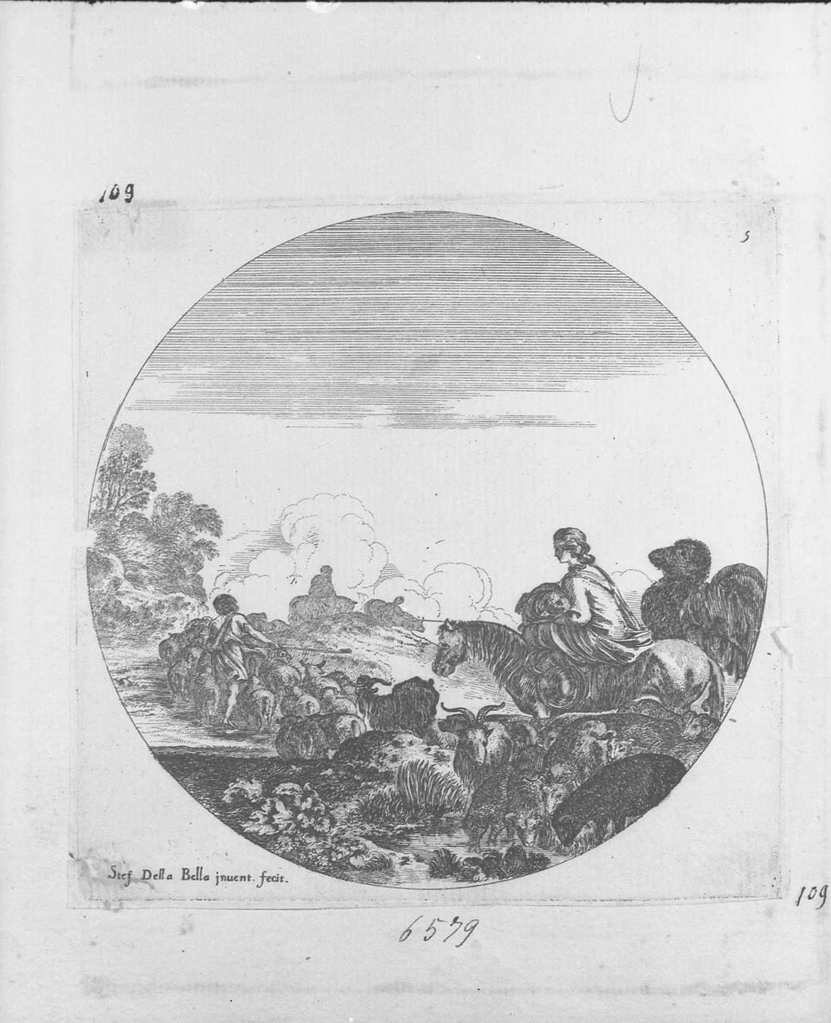 Gregge in marcia, animali (stampa tagliata) di Della Bella Stefano (sec. XVII)