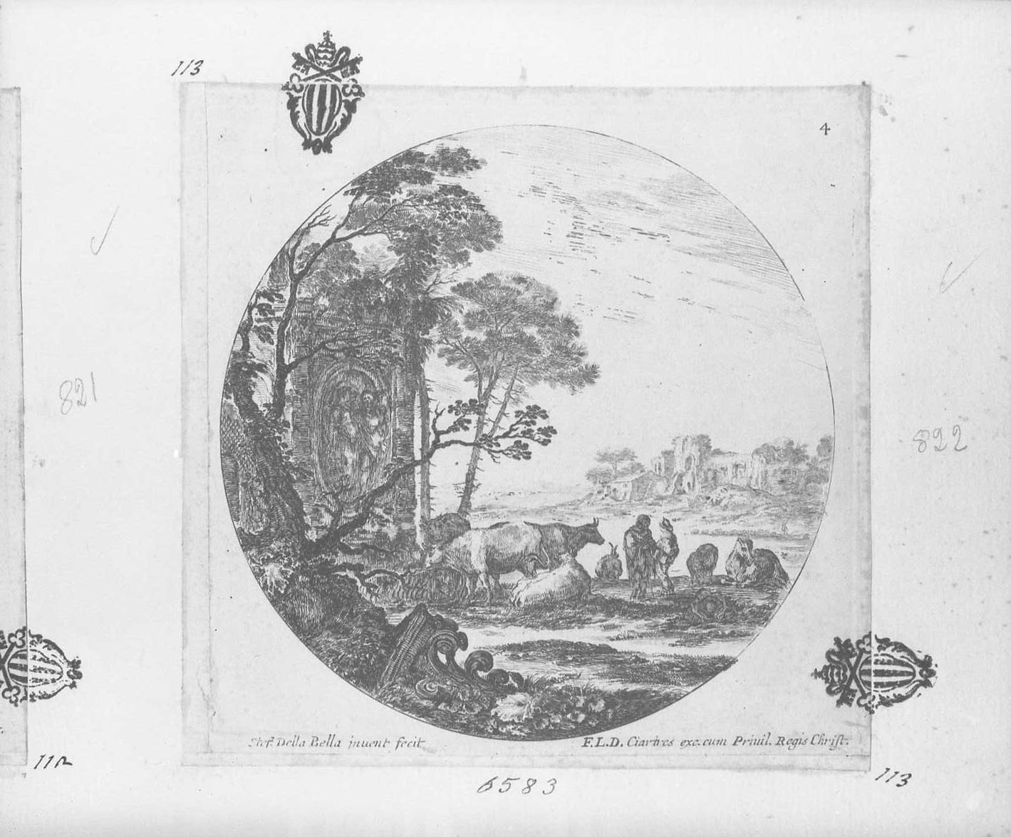 Paesaggi e rovine di Roma: paesaggio con capitello corinzio, paesaggi (stampa tagliata) di Della Bella Stefano (sec. XVII)