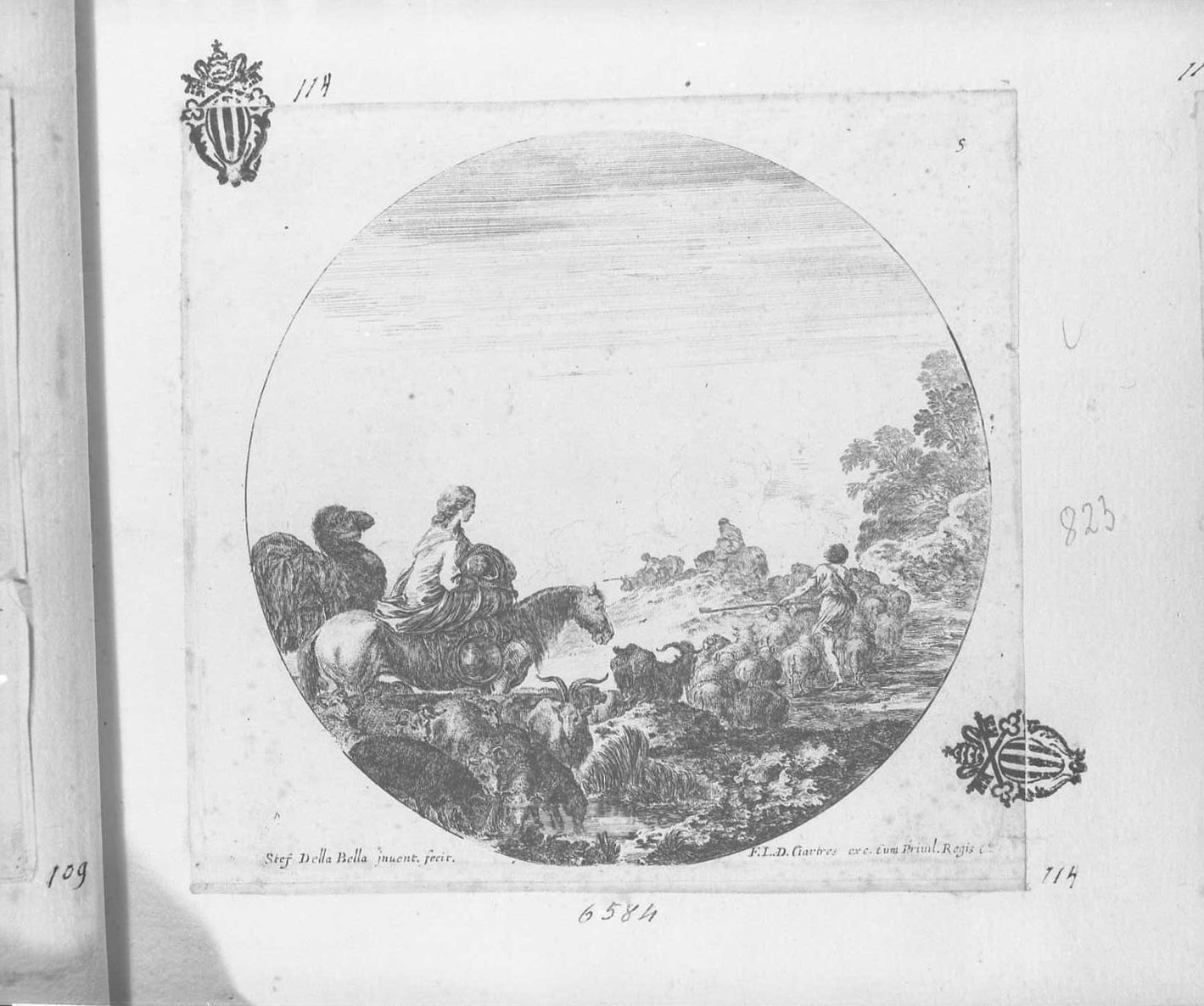 Paesaggi e rovine di Roma: gregge in marcia verso il fondo, animali (stampa tagliata) di Della Bella Stefano (sec. XVII)