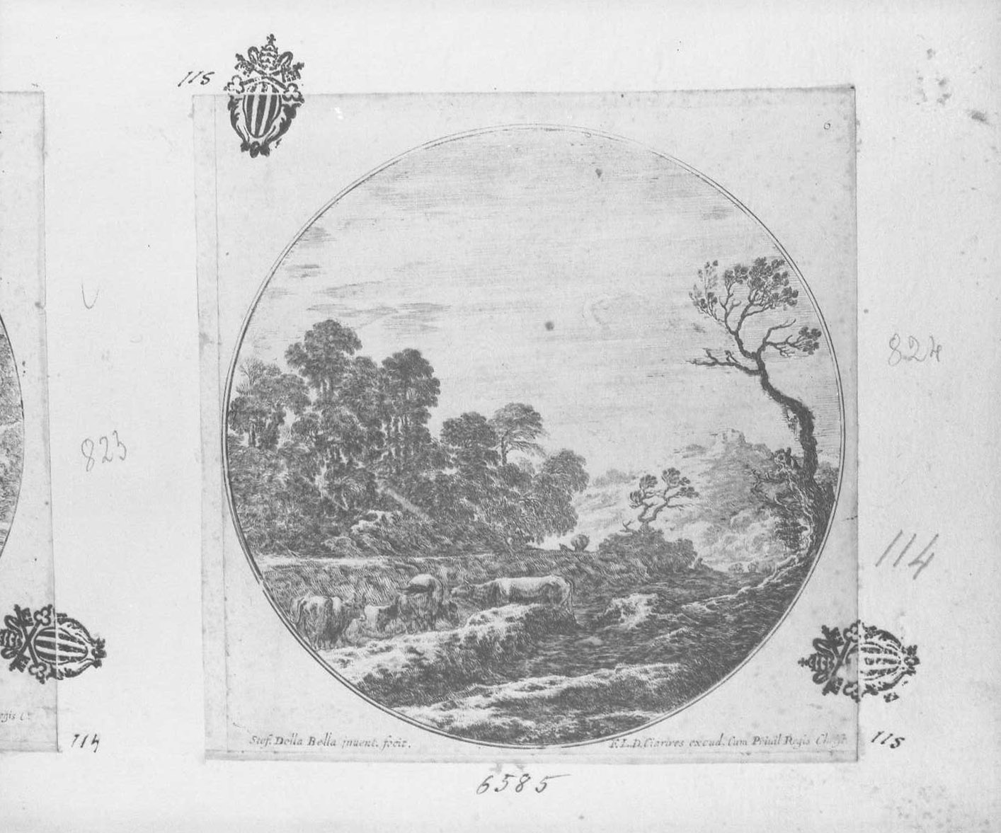 Paesaggi e rovine di Roma: mucche che pascolano in un vallone, animali (stampa tagliata) di Della Bella Stefano (sec. XVII)