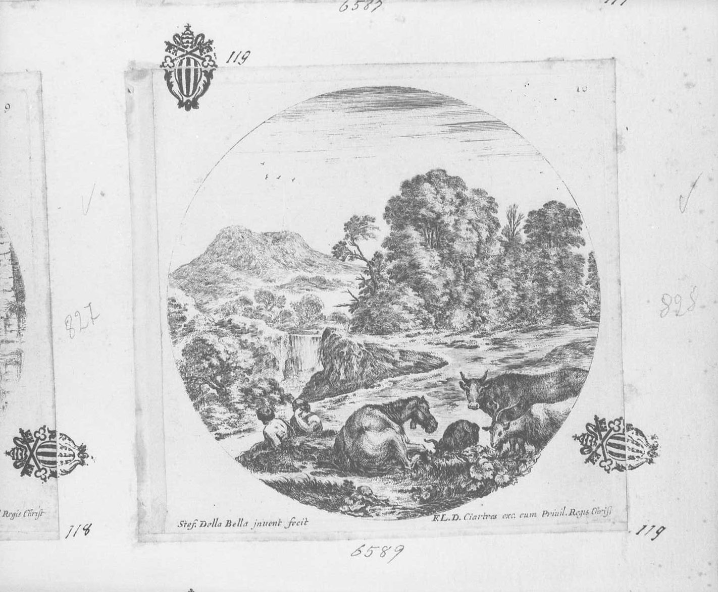 Paesaggi e rovine di Roma: cavallo sdraiato, due capre ed una mucca, animali (stampa tagliata) di Della Bella Stefano (sec. XVII)